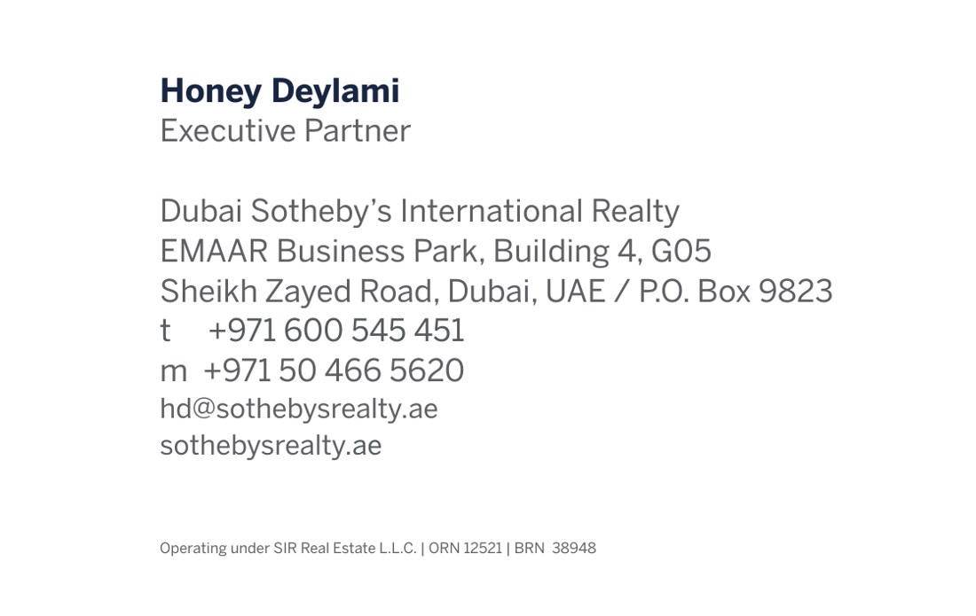 Business card, back: Honey Deylami, Executive Partner, with mobile, office phone, email and office address